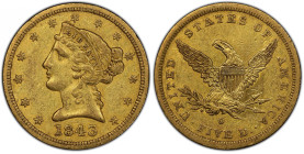 1843-O Liberty Head Half Eagle. Small Letters. Winter-2. Die State I. EF Details--Wheel Mark (PCGS).
This relatively appealing khaki-orange example i...