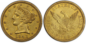 1843-O Liberty Head Half Eagle. Large Letters. Winter-1, the only known dies. AU Details--Wheel Mark (PCGS).
Medium golden-honey color is seen on bot...
