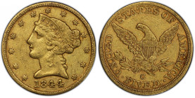1844-C Liberty Head Half Eagle. Winter-1, the only known dies. Die State III. EF-45 (PCGS). CAC.
Warm honey-gold with a tinge of orange-olive color, ...