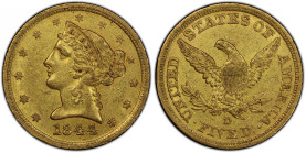 1844-D Liberty Head Half Eagle. Winter 11-G. AU-55 (PCGS). CAC.
This gorgeous example exhibits vivid golden-olive color and nearly full mint frost. T...