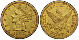 1844-O Liberty Head Half Eagle. Winter-3. AU-55 (PCGS). CAC.
Pleasing deep golden-honey surfaces are highly lustrous for the grade with most design e...