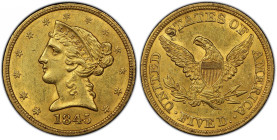 1845 Liberty Head Half Eagle. MS-61 (PCGS).
A sharply struck and richly original example with full mint frost throughout. Dominant medium gold color ...