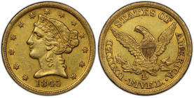 1845-D Liberty Head Half Eagle. Winter 13-H. AU-53 (PCGS). CAC.
Tinges of orange-apricot enliven otherwise dominant honey-gold color on both sides of...