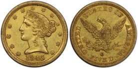 1845-O Liberty Head Half Eagle. Winter-1, the only known dies. AU-53 (PCGS). CAC.
Vivid pinkish-rose highlights blend with dominant honey-olive color...