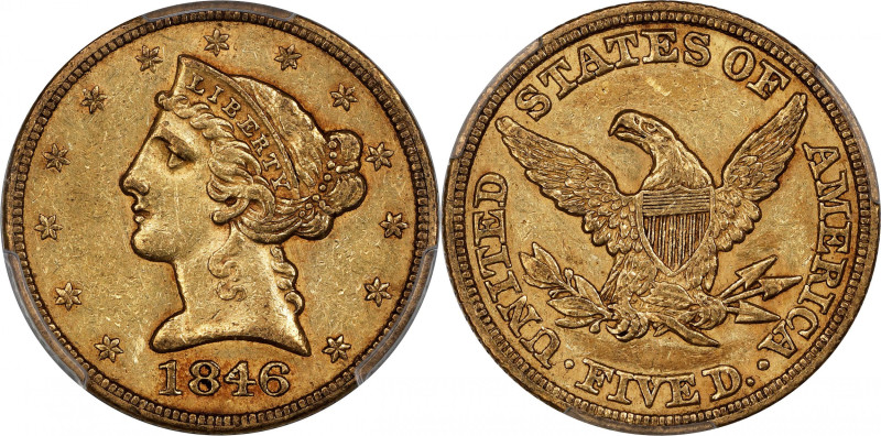 1846 Liberty Head Half Eagle. Large Date. AU-50 (PCGS). CAC.
Frosty surfaces ar...