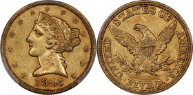 1846 Liberty Head Half Eagle. Large Date. AU-50 (PCGS). CAC.
Frosty surfaces are enhanced by attractively original color in warm honey-olive. Boldly ...