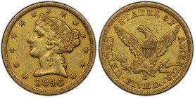 1846-D/D Liberty Head Half Eagle. Winter 17-J. AU-50 (PCGS). CAC.
Attractive, fully original surfaces display a blend of deep honey-olive and pale ro...