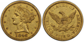 1846-O Liberty Head Half Eagle. Winter-3. AU-50 (PCGS). CAC.
Rich honey-gold color blends with considerable frosty mint luster on both sides of this ...