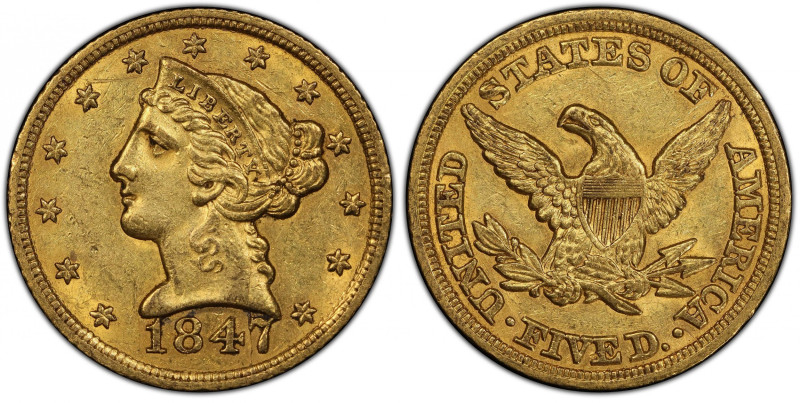 1847 Liberty Head Half Eagle. AU-58 (PCGS). CAC.
Original golden-honey surfaces...