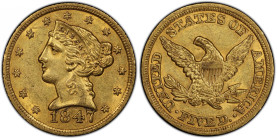 1847 Liberty Head Half Eagle. AU-58 (PCGS). CAC.
Original golden-honey surfaces are enhanced by tinges of deep olive. Softly frosted in texture and n...