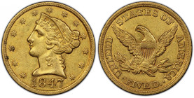 1847 Liberty Head Half Eagle. Breen-6570. Repunched Date. AU-53 (PCGS).
A fully original example with warm orange-apricot color and plenty of mint lu...