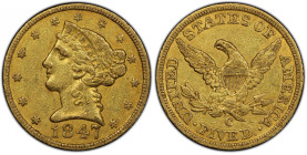 1847-C Liberty Head Half Eagle. Winter-1. EF-45 (PCGS). CAC.
A richly original, olive-gold example with plenty of frosty mint luster remaining on bot...