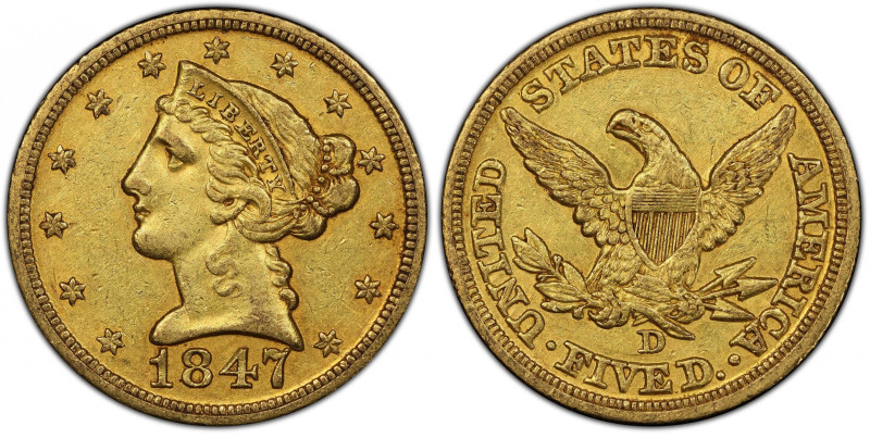 1847-D Liberty Head Half Eagle. Winter 18-K. AU-53 (PCGS). CAC.
A frosty medium...