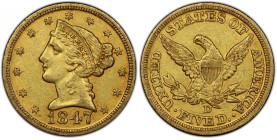 1847-D Liberty Head Half Eagle. Winter 18-K. AU-53 (PCGS). CAC.
A frosty medium gold example with blended olive-orange highlights. This is a sharply ...
