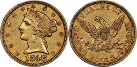 1848 Liberty Head Half Eagle. AU-50 (PCGS). CAC.
A beautiful golden-honey example that features lively mint luster and bold to sharp striking detail....