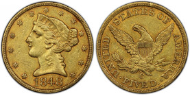 1848-C Liberty Head Half Eagle. Winter-1, the only known dies. AU-50 (PCGS).
Attractive deep honey color is seen on both sides, accented by plenty of...