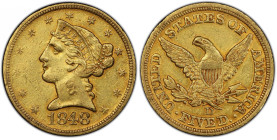 1848-D Liberty Head Half Eagle. Winter 20-L. Die State III. EF-45+ (PCGS). CAC.
Warm honey-orange surfaces display lively luster on this sharply stru...