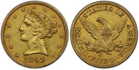 1849-C Liberty Head Half Eagle. Winter-1. Die State II. AU-53 (PCGS). CAC.
Subtle pale pinkish-apricot enhances otherwise dominant honey-olive color ...