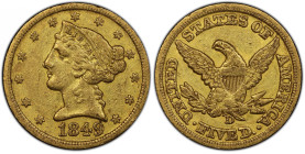 1849-D Liberty Head Half Eagle. Winter 25-S. EF-45 (PCGS). CAC.
A warm and appealing example dressed in even golden-honey. With a bold to sharp strik...