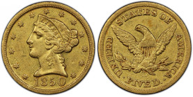 1850-D Liberty Head Half Eagle. Winter 28-U. AU-50 (PCGS).
Handsome olive-orange surfaces are very smooth for a lightly circulated Dahlonega Mint hal...