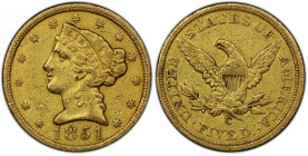 1851-C Liberty Head Half Eagle. Winter-1. EF-40 (PCGS).
Lovely olive-gold color with intermingled honey patina. Both sides are uncommonly well define...
