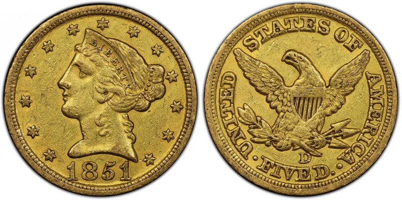 1851-D Liberty Head Half Eagle. Winter 31-V. AU-50 (PCGS). CAC.
An exciting exa...