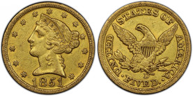 1851-D Liberty Head Half Eagle. Winter 31-V. AU-50 (PCGS). CAC.
An exciting example of the issue, this is an original AU coin with even orange-olive ...