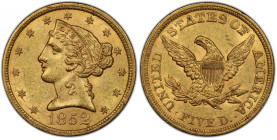 1852 Liberty Head Half Eagle. MS-60 (PCGS).
Frosty pinkish-honey surfaces are sharply struck and exceptionally smooth for the assigned grade. Despite...