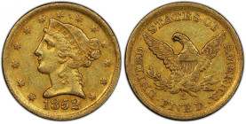 1852-D Liberty Head Half Eagle. Winter 32-V. AU-55 (PCGS).
Enticing orange-apricot highlights enliven a base of warmer honey-olive color. This is an ...