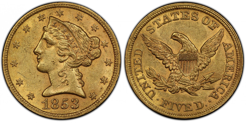 1853 Liberty Head Half Eagle. MS-61 (PCGS).
Vivid reddish-rose iridescence enli...