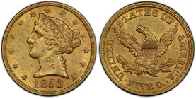 1853 Liberty Head Half Eagle. MS-61 (PCGS).
Vivid reddish-rose iridescence enlivens otherwise deep honey-gold color. Both sides are fully frosted wit...