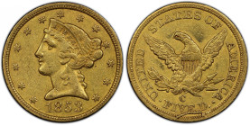 1853-C Liberty Head Half Eagle. Winter-2. Late Die State. EF-45+ (PCGS).
This lustrous and frosty Choice EF example is enhanced by richly original co...