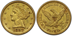 1853-D Liberty Head Half Eagle. Winter 35-X. Large D. AU-55 (PCGS).
Blended honey-olive and medium gold colors are seen on both sides of this attract...