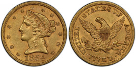 1854 Liberty Head Half Eagle. MS-61 (PCGS).
Uncirculated preservation is notable for this otherwise readily obtainable 1850s half eagle issue. Blende...