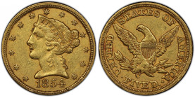 1854-C Liberty Head Half Eagle. Winter-1. AU-53 (PCGS).
A handsome and inviting piece with subtle silvery highlights to dominant deep honey-orange co...