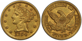 1854-D Liberty Head Half Eagle. Winter 36-AA. Large D. AU-58 (PCGS).
Subtle orange-apricot color blends with deeper honey-gold on both sides of this ...