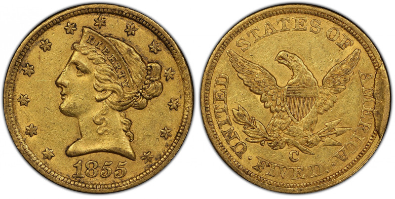 1855-C Liberty Head Half Eagle. Winter-Unlisted. Late Die State. AU-55 (PCGS).
...