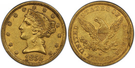1855-C Liberty Head Half Eagle. Winter-Unlisted. Late Die State. AU-55 (PCGS).
This charming honey-gold and warm rose example offers undeniable origi...