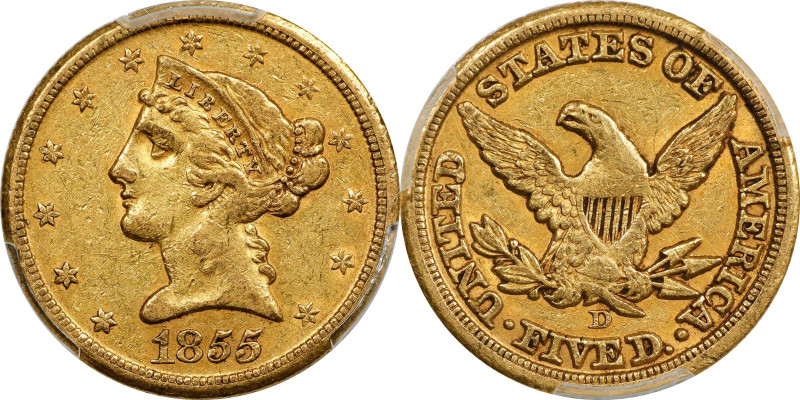 1855-D Liberty Head Half Eagle. Winter 38-CC. Medium D. AU-50 (PCGS).
Abundant ...