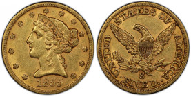 1855-S Liberty Head Half Eagle. AU-55 (PCGS). CAC.
Glints of orange-apricot iridescence enliven otherwise deep honey-gold surfaces on both sides of t...