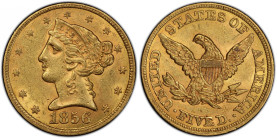 1856 Liberty Head Half Eagle. MS-62 (PCGS).
Appealing frosty surfaces display vivid, original color in deep honey-rose. Sharply to fully struck and n...