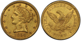 1856-C Liberty Head Half Eagle. Winter-1, the only known dies. AU-55+ (PCGS).
Virtually full, soft mint frost blends with rich honey-orange color on ...