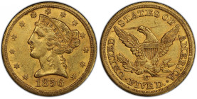 1856-D Liberty Head Half Eagle. Winter 39-FF. AU-55 (PCGS). CAC.
The elusive 1856-D half eagle was produced to the extent of just 19,786 pieces, and ...