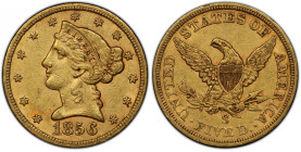 1856-S Liberty Head Half Eagle. AU-55 (PCGS). CAC.
Beautiful honey-rose and deep olive surfaces with abundant luster in a soft satin to frosty textur...