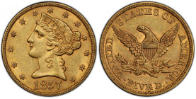 1857 Liberty Head Half Eagle. AU-58 (PCGS). CAC.
Fully struck in most areas with appreciable reflectivity to an otherwise softly frosted finish. Rich...