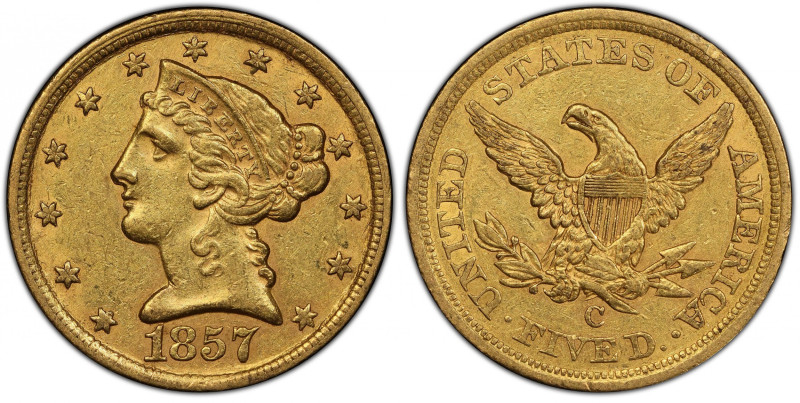 1857-C Liberty Head Half Eagle. Winter-1, the only known dies. AU-55 (PCGS). CAC...