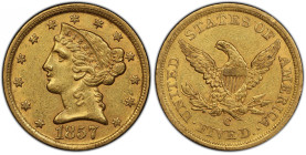 1857-C Liberty Head Half Eagle. Winter-1, the only known dies. AU-55 (PCGS). CAC.
This wonderfully original, uncommonly well preserved example is awa...