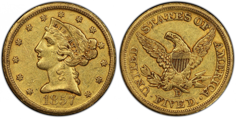 1857-D Liberty Head Half Eagle. Winter 41-HH. AU-50 (PCGS). CAC.
This attractiv...