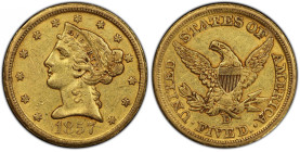1857-D Liberty Head Half Eagle. Winter 41-HH. AU-50 (PCGS). CAC.
This attractive example displays richly original color in a blend of light olive and...