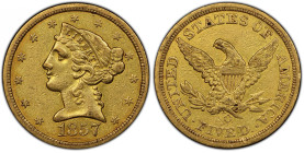 1857-O Liberty Head Half Eagle. Winter-1, the only known dies. EF-45 (PCGS).
Pretty deep honey-gold and olive surfaces are richly original in preserv...